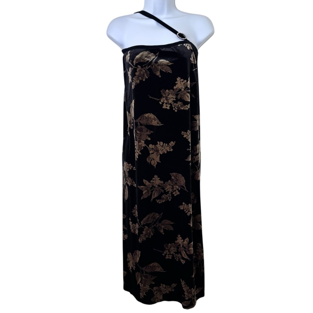 Vintage Carole Little One Shoulder Velvet Floral Midi Dress Black Taupe Large Y2